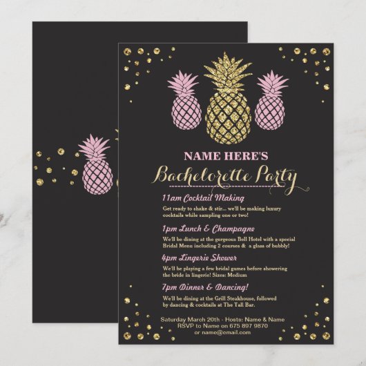 Ananas Bachelorette Gold Itinerary Aloha Invite Kaart (Voorkant / Achterkant)