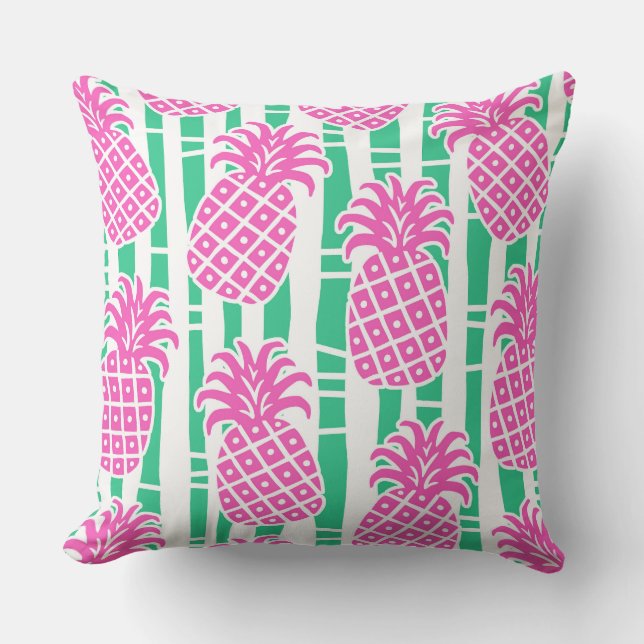 Ananas Bamboe Strepen Roze & Groen Patroon Kussen (Voorkant)