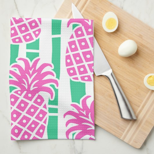 Ananas Bamboe Strepen Roze & Groen Patroon Theedoek (Quarter Fold)