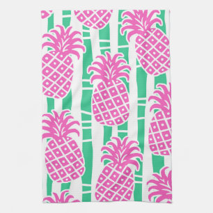 Ananas Bamboe Strepen Roze & Groen Patroon Theedoek