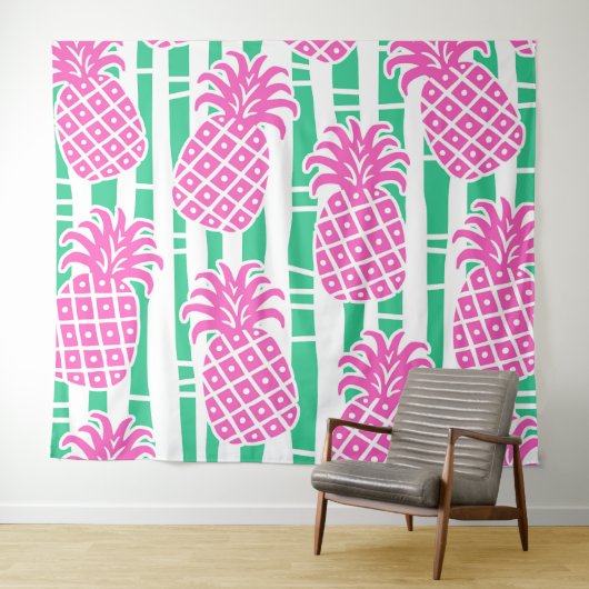 Ananas Bamboe Strepen Roze & Groen Patroon Wandkleed (In Situ (horizontaal))