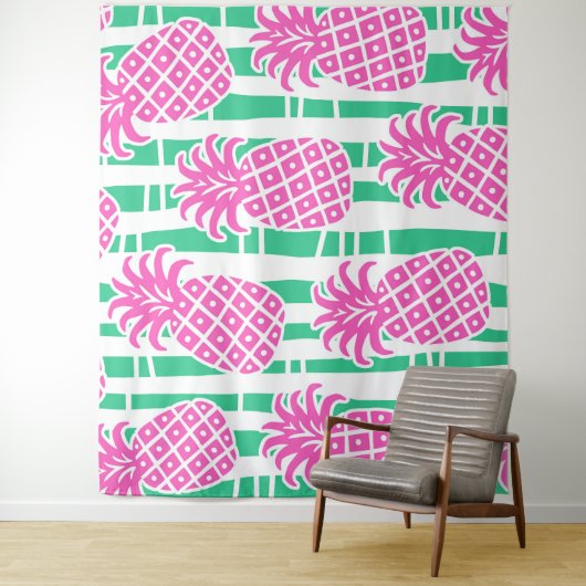 Ananas Bamboe Strepen Roze & Groen Patroon Wandkleed (In situ)