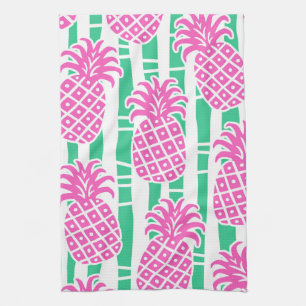 Ananas Bamboestrepen Roze & Groen Patroon Theedoek