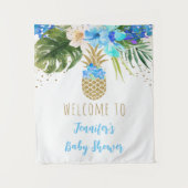 Ananas Blauw Goud Bloemen Baby shower Achtergrond Wandkleed (Voorkant)