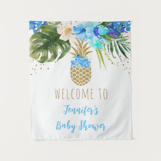 Ananas Blauw Goud Bloemen Baby shower Achtergrond Wandkleed (Voorkant)