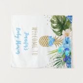 Ananas Blauw Goud Bloemen Baby shower Achtergrond Wandkleed (Voorkant (horizontaal))