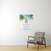 Ananas Blauw Goud Bloemen Baby shower Achtergrond Wandkleed (In situ)