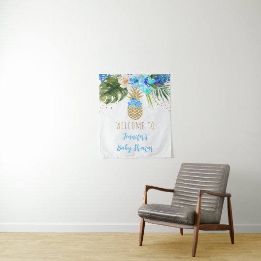 Ananas Blauw Goud Bloemen Baby shower Achtergrond Wandkleed (In situ)