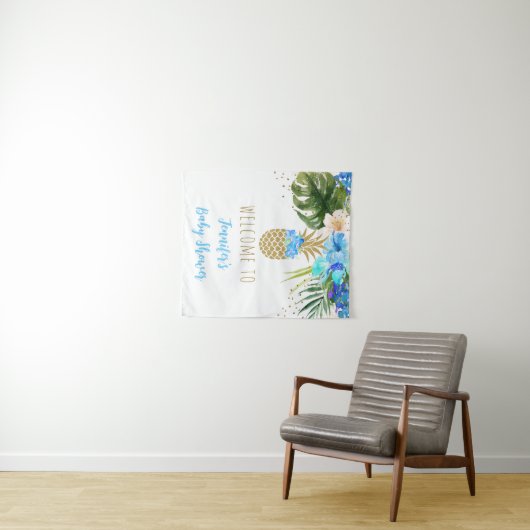 Ananas Blauw Goud Bloemen Baby shower Achtergrond Wandkleed (In Situ (horizontaal))