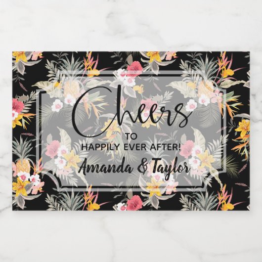 Ananas Bloemen op Black Mini Sparkling Wijnetiket (Enkel label)