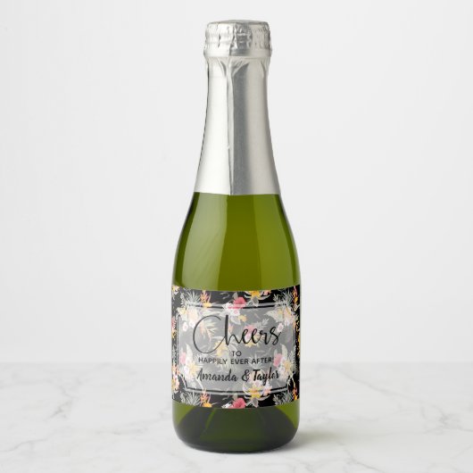 Ananas Bloemen op Black Mini Sparkling Wijnetiket (Voorkant)