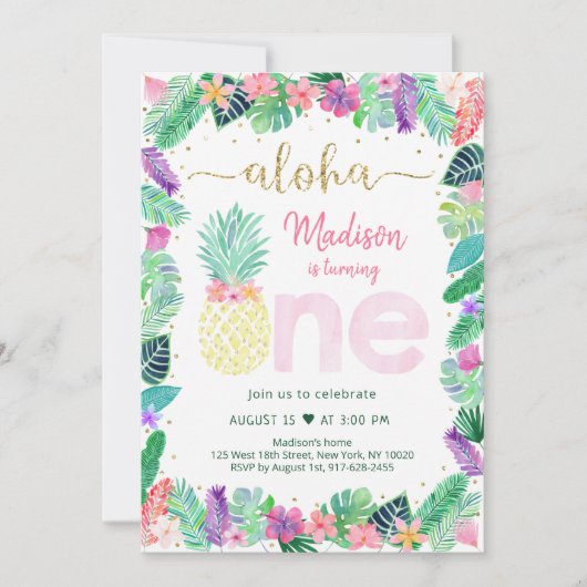 Ananas Bloemen Roze Goud Eerste Verjaardag Kaart (Voorkant)