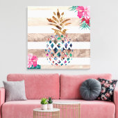 Ananas bloemengoud gestreepte ontwerp canvas afdruk (Insitu (Woonkamer))