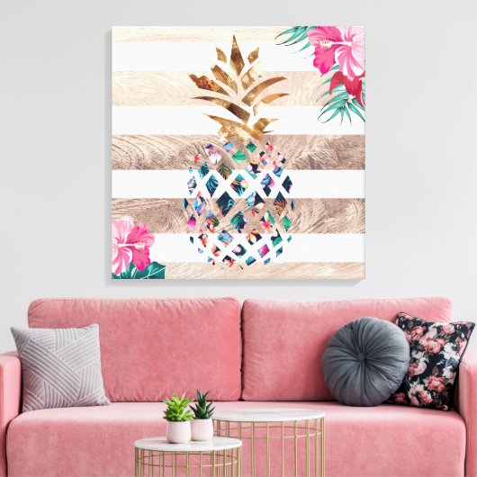 Ananas bloemengoud gestreepte ontwerp canvas afdruk (Insitu (Woonkamer))