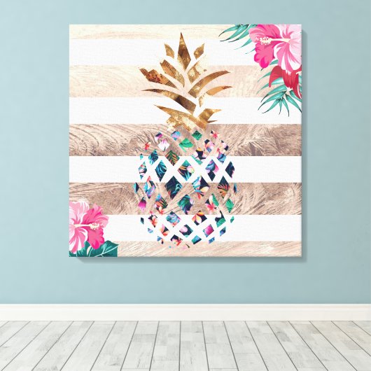 Ananas bloemengoud gestreepte ontwerp canvas afdruk (Insitu (Houten vloer))