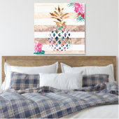 Ananas bloemengoud gestreepte ontwerp canvas afdruk (Insitu (Slaapkamer))
