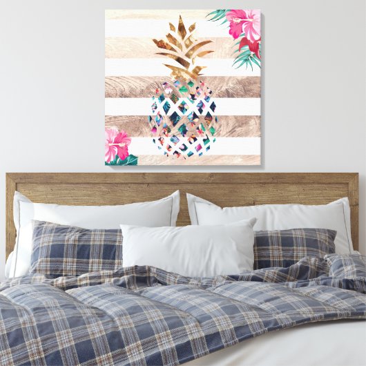 Ananas bloemengoud gestreepte ontwerp canvas afdruk (Insitu (Slaapkamer))
