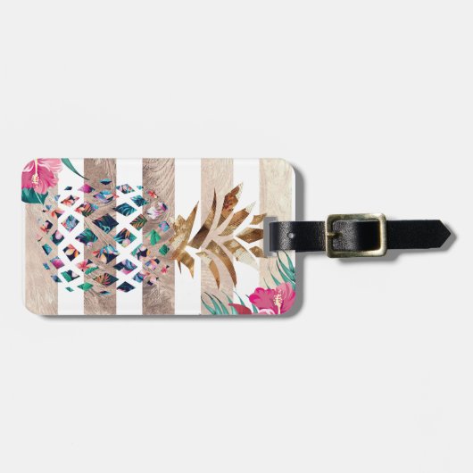 Ananas bloemig goud gestreept bagagelabel (Voorkant horizontaal)