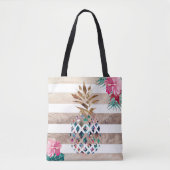 Ananas bloemig goud gestreept tote bag (Voorkant)
