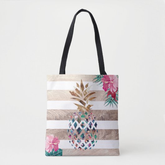 Ananas bloemig goud gestreept tote bag (Voorkant)