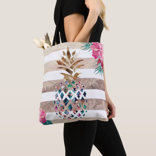 Ananas bloemig goud gestreept tote bag (Dichtbij)
