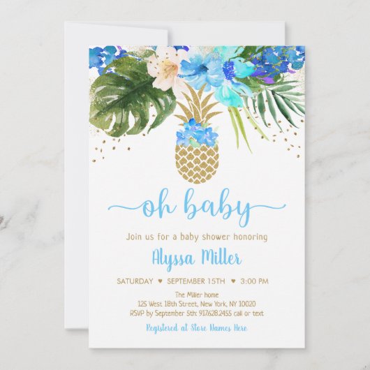 Ananas Blue Gold Floral Oh Baby shower Kaart (Voorkant)