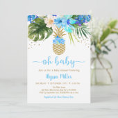 Ananas Blue Gold Floral Oh Baby shower Kaart (Staand voorkant)