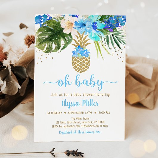 Ananas Blue Gold Floral Oh Baby shower Kaart