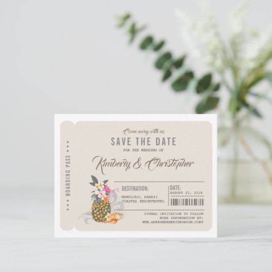 Ananas Boarding Pass Ticket Sla de datum op Aankondigingskaart (Staand voorkant)