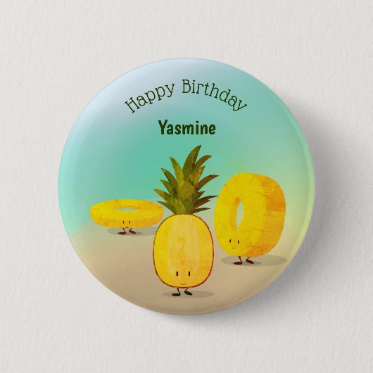 ananas Cartoon Happy Birthday Button (Voorkant)
