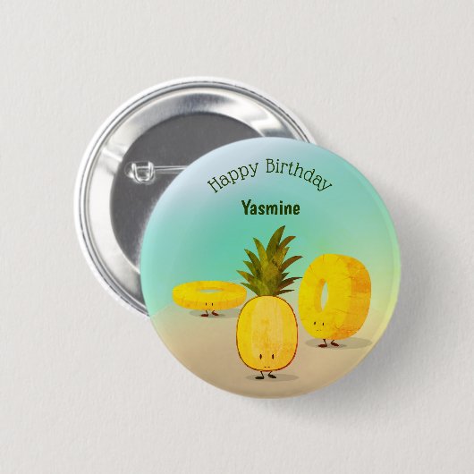 ananas Cartoon Happy Birthday Button (Voorkant /achterkant)