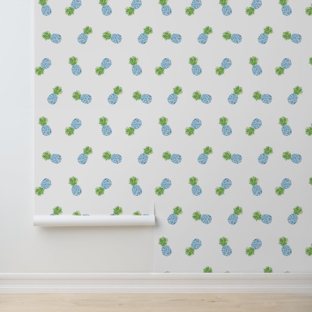 Ananas Chinoiserie Blauw Groen Preppy Behang (Applicatie)