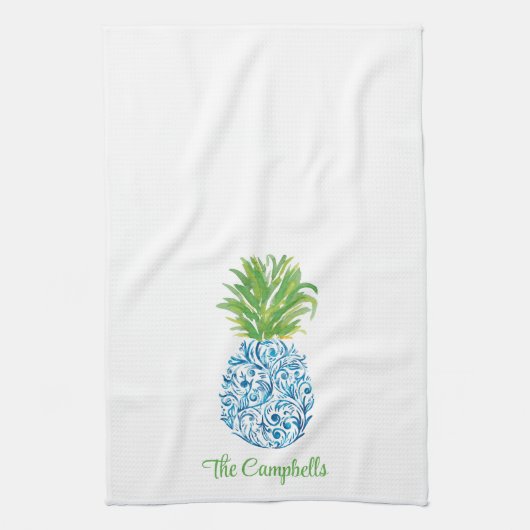 Ananas Chinoiserie Blauw Wit Preppy Custom Theedoek (Verticaal)