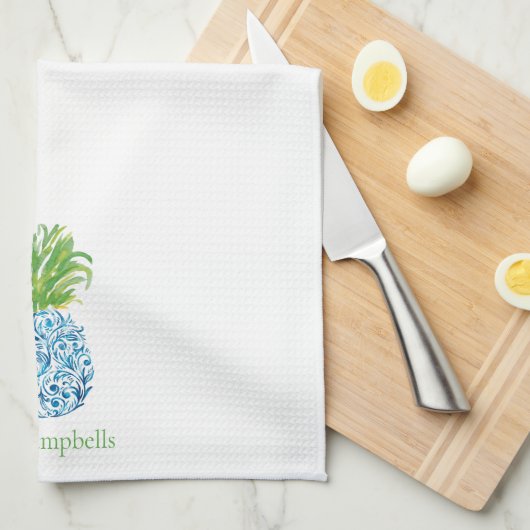 Ananas Chinoiserie Blauw Wit Preppy Custom Theedoek (Quarter Fold)