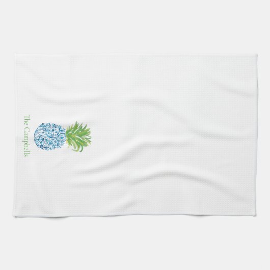 Ananas Chinoiserie Blauw Wit Preppy Custom Theedoek (Horizontaal)