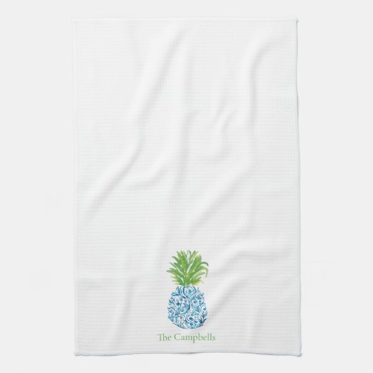 Ananas Chinoiserie Blauw Wit Preppy Custom Theedoek (Verticaal)
