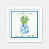 Ananas Chinoiserie Blue Border Preppy Bruiloft Servet (Voorkant)