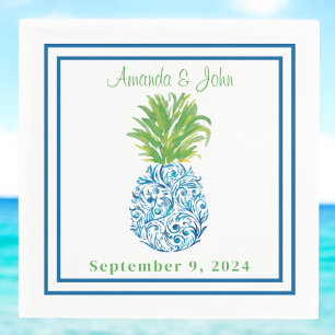 Ananas Chinoiserie Blue Border Preppy Bruiloft Servet