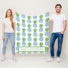 Ananas Chinoiserie Blue White Preppy Name Fleece Deken
