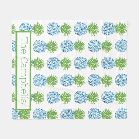 Ananas Chinoiserie Blue White Preppy Name Fleece Deken (Voorkant (Horizontaal))