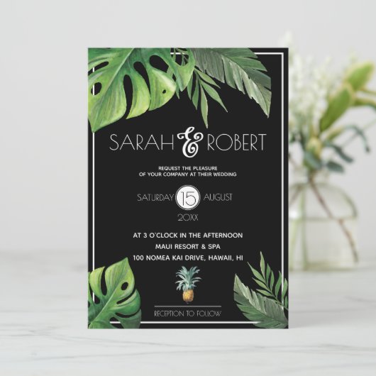 Ananas Delight Tropische gebladerte bruiloft Kaart (Staand voorkant)