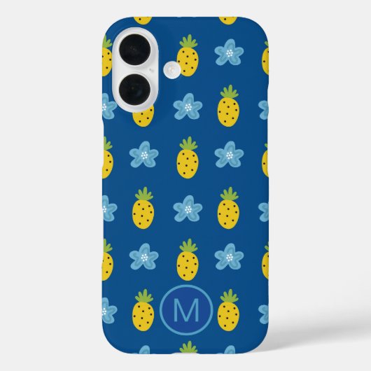 Ananas en Blauwe Bloemen Monogram Case-Mate iPhone Case (Achterkant)