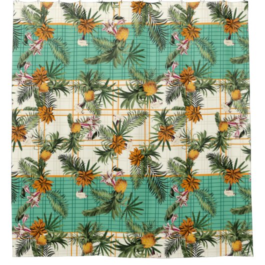  Ananas en Bloemen Geruit Douchegordijn (Voorkant)