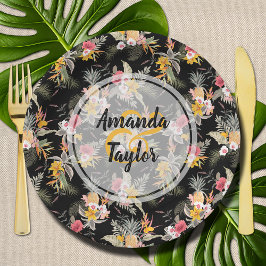 Ananas en bloemen op zwart papieren bordje