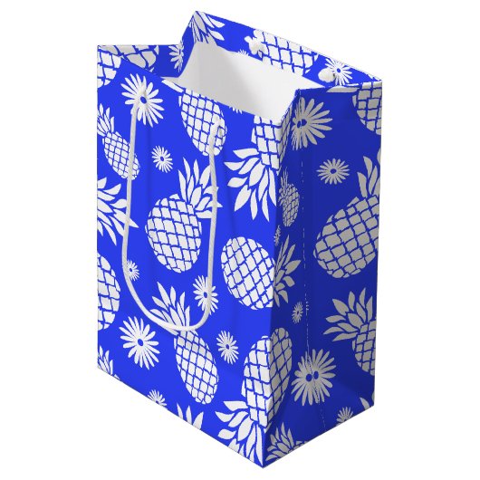 Ananas en Daisy blauw wit cadeau tas Medium Cadeauzakje (Voorkant Gekanteld)
