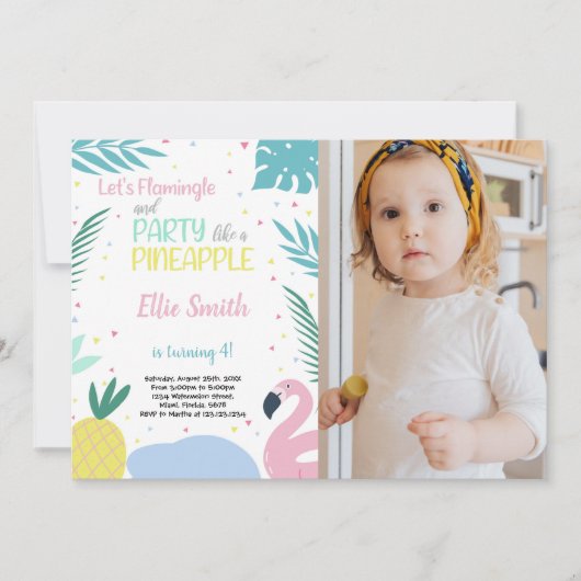 Ananas en Flamingo Birthday-uitnodigingen met foto Kaart (Voorkant)