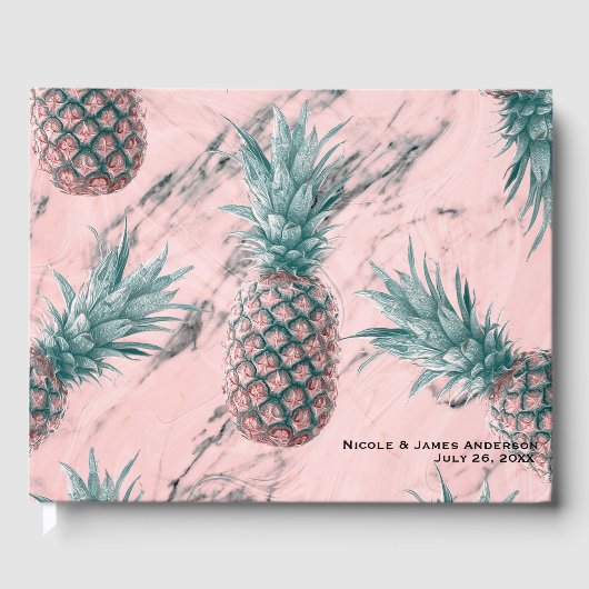 Ananas en roze marmer Modern Chic Wedding Gastenboek (Voorkant)