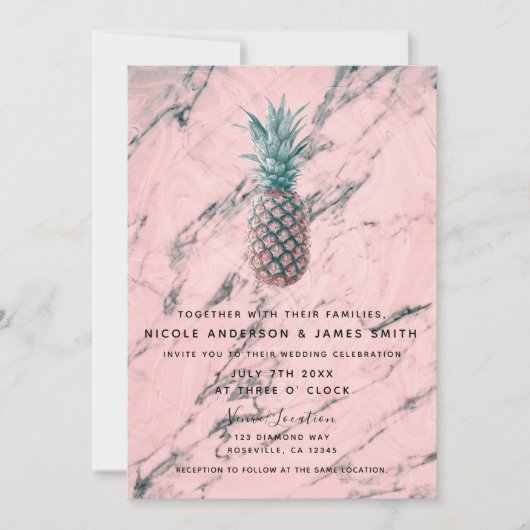 Ananas en roze marmer Modern Chic Wedding Kaart (Voorkant)
