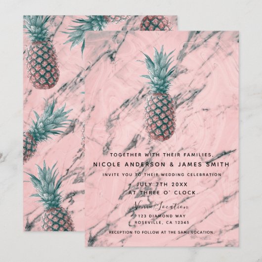 Ananas en roze marmer Modern Chic Wedding Kaart (Voorkant / Achterkant)