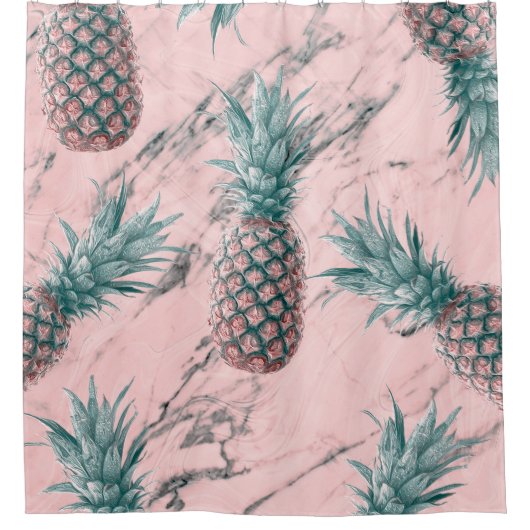 Ananas en roze marmer Moderne tropische afbeelding Douchegordijn (Voorkant)